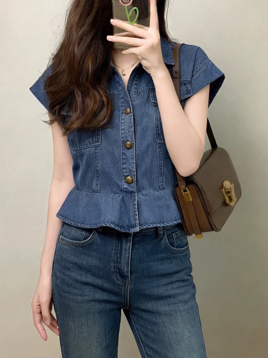 파란색 데님 허리 수축 셔츠 여자 여름 드레스 2026 년 새로운 작은 키 쇼트 스타일 프랑스식 사소한 Chic 맨위 상세 이미지 4
