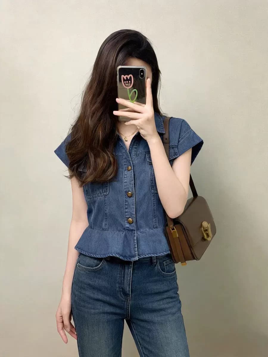 파란색 데님 허리 수축 셔츠 여자 여름 드레스 2026 년 새로운 작은 키 쇼트 스타일 프랑스식 사소한 Chic 맨위 상세 이미지 5
