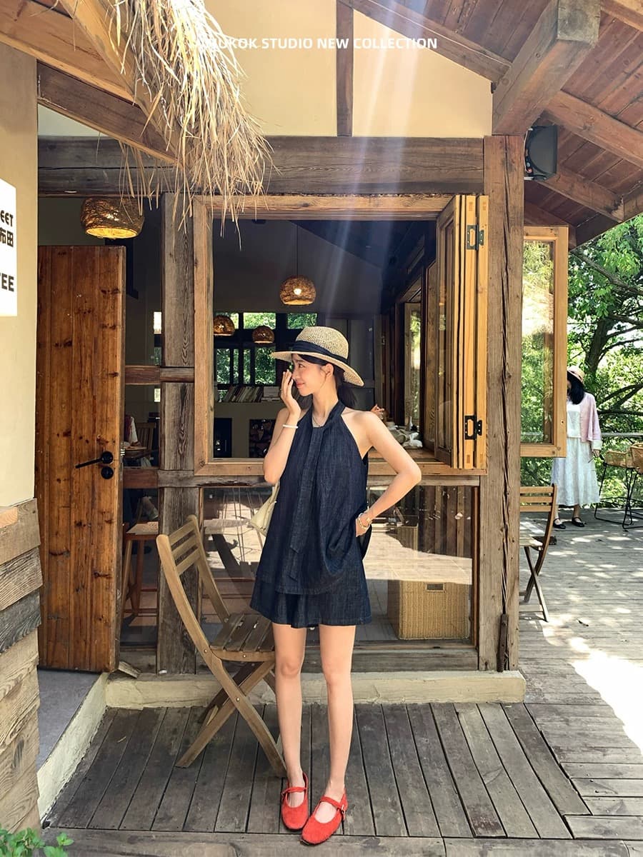 mukok 단 닝 블루 부드럽다 통기성 얇은 스타일 데님 행침 목 조끼 넓은 다리가 짧다. 바지 패션 세트 여성 투피스 세트 상세 이미지 4