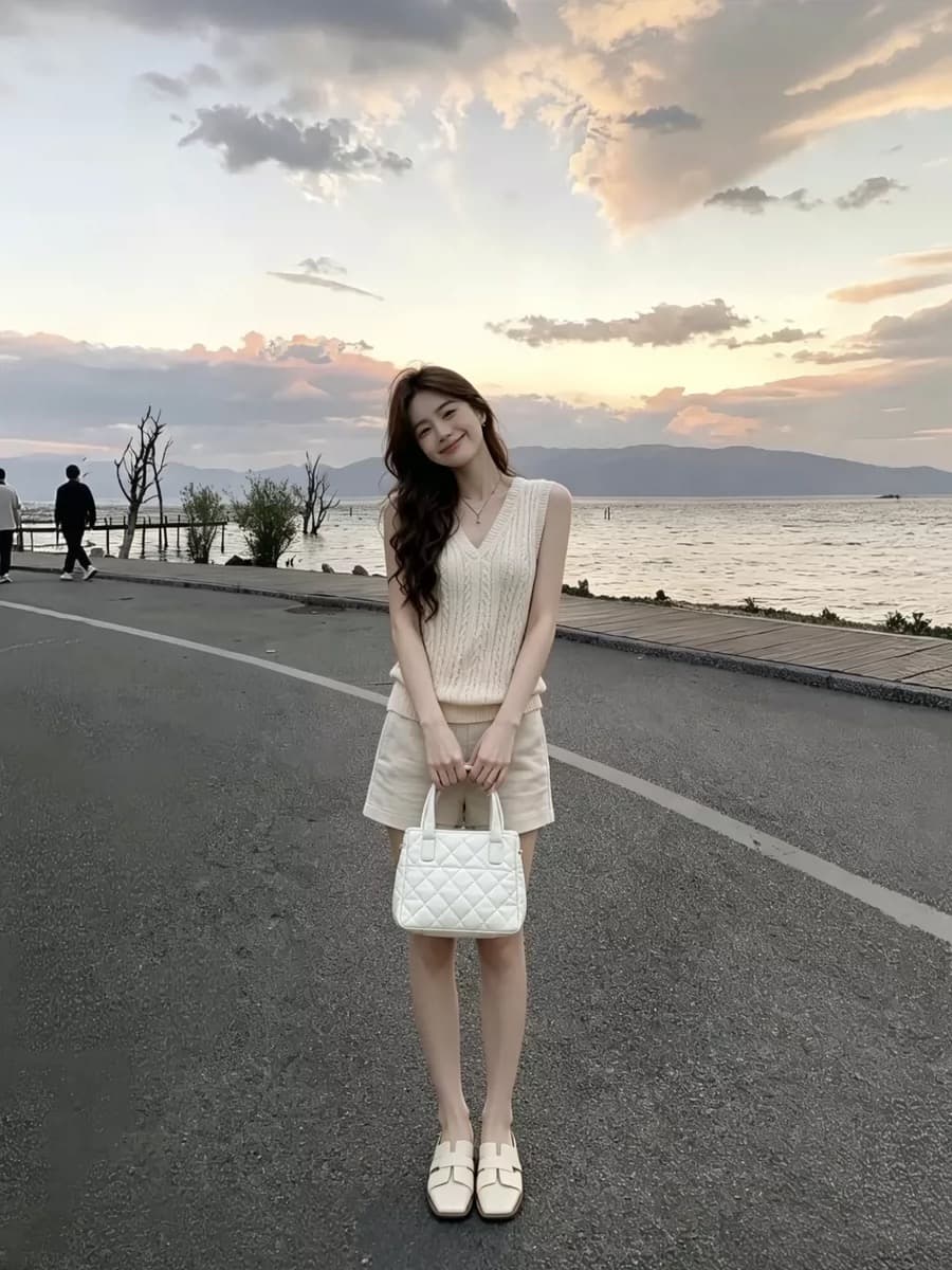 자이언트 잘 생긴 전체 집합 한 부서 여름 품격 오래된 돈 바람 V넥 꽈배기 니트 스웨터 여성 슬림해 보이는 반바지 투피스 세트 상세 이미지 1