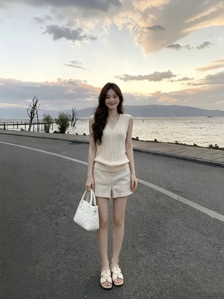 자이언트 잘 생긴 전체 집합 한 부서 여름 품격 오래된 돈 바람 V넥 꽈배기 니트 스웨터 여성 슬림해 보이는 반바지 투피스 세트 상세 이미지 2