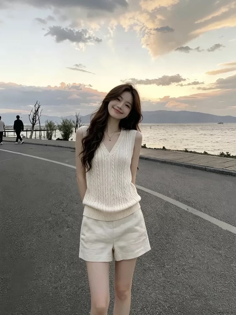 자이언트 잘 생긴 전체 집합 한 부서 여름 품격 오래된 돈 바람 V넥 꽈배기 니트 스웨터 여성 슬림해 보이는 반바지 투피스 세트 상세 이미지 3
