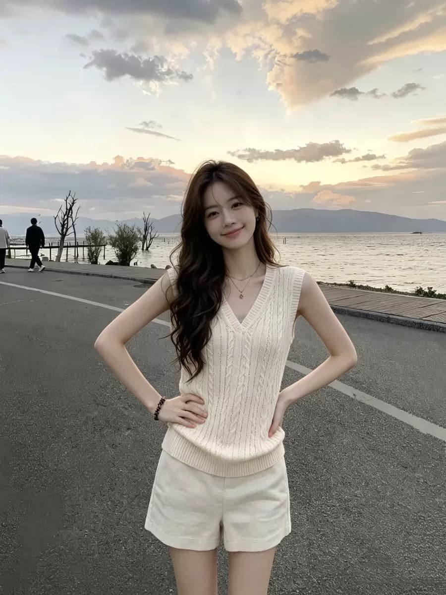 자이언트 잘 생긴 전체 집합 한 부서 여름 품격 오래된 돈 바람 V넥 꽈배기 니트 스웨터 여성 슬림해 보이는 반바지 투피스 세트 상세 이미지 4