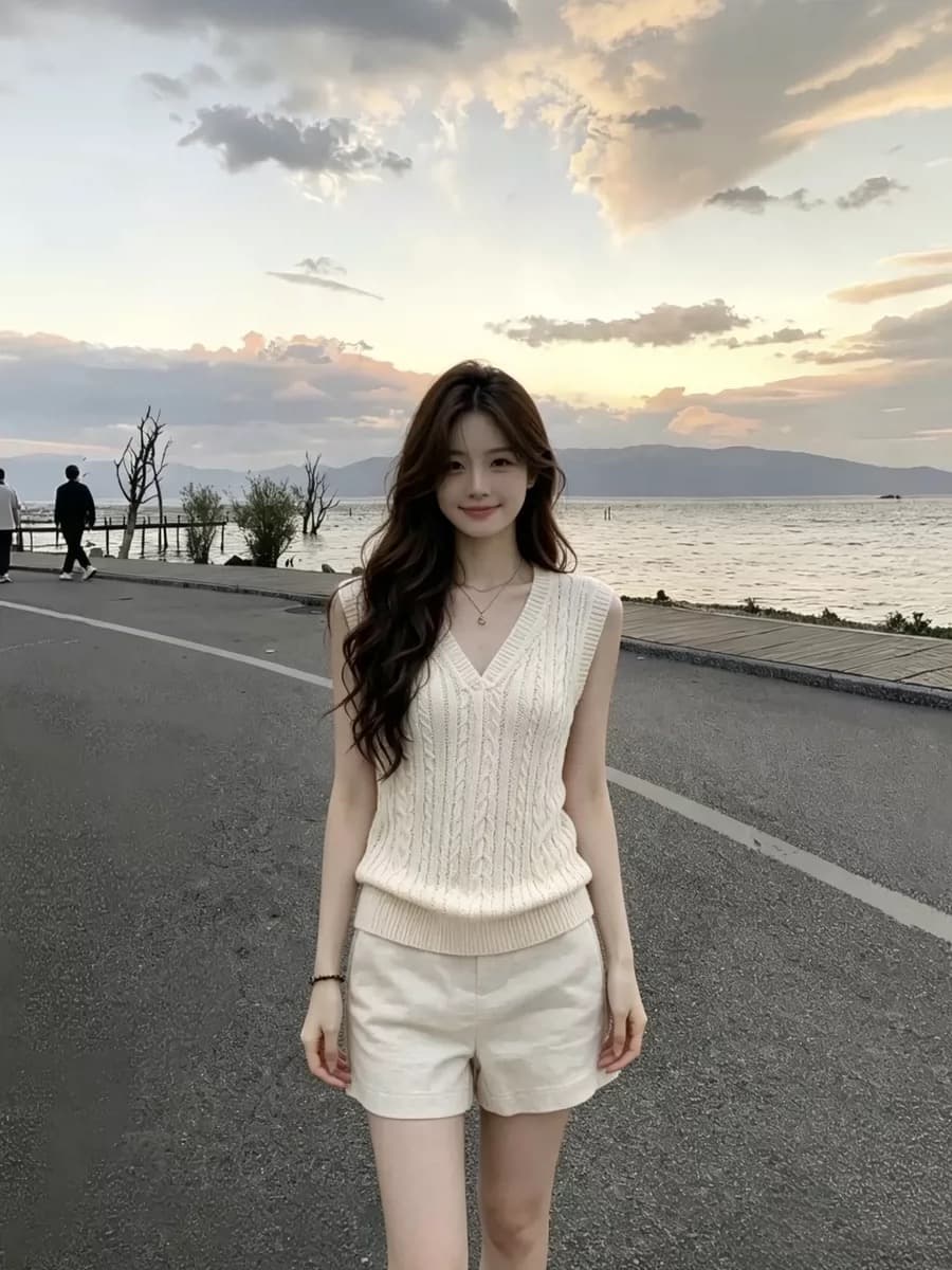 자이언트 잘 생긴 전체 집합 한 부서 여름 품격 오래된 돈 바람 V넥 꽈배기 니트 스웨터 여성 슬림해 보이는 반바지 투피스 세트 상세 이미지 5