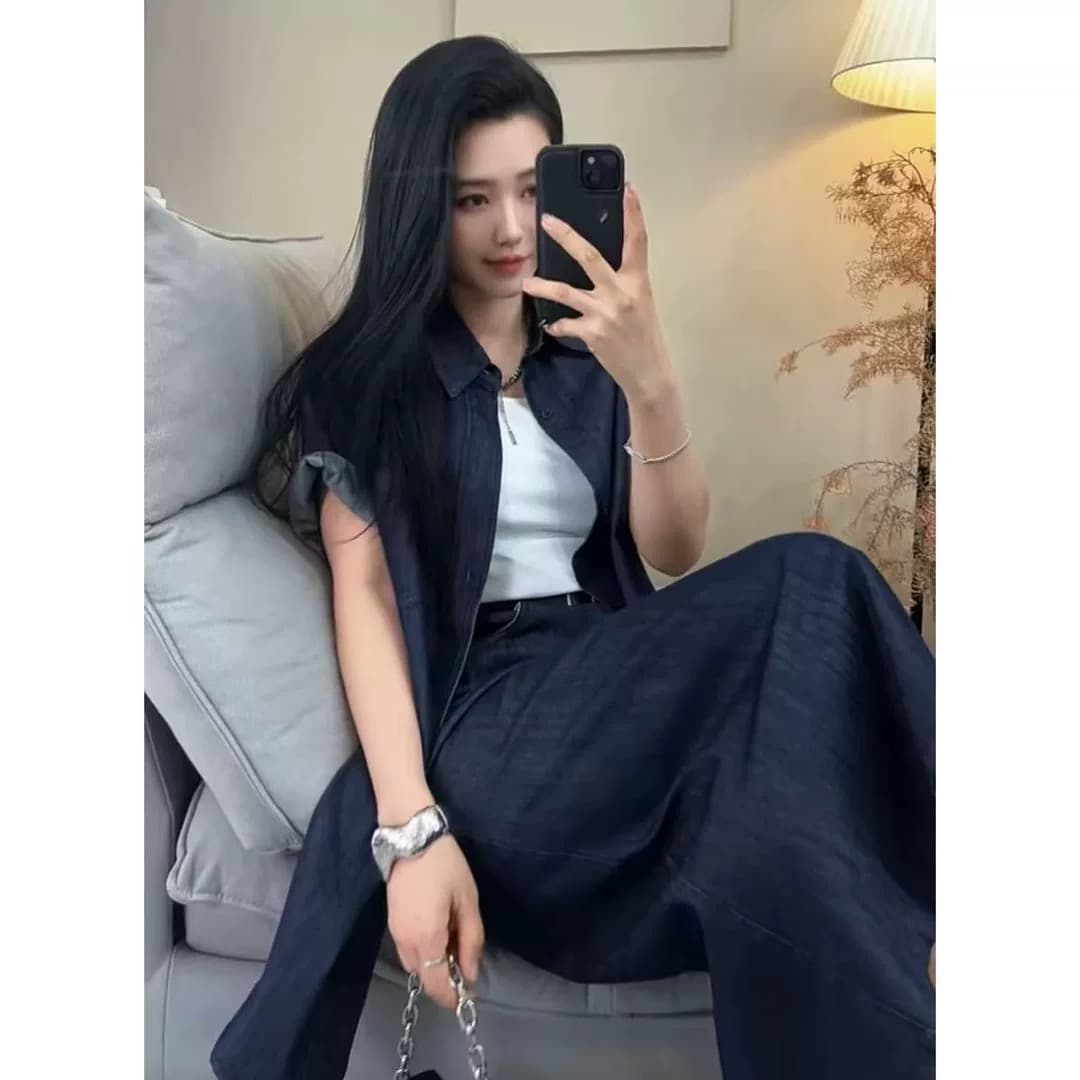 항구 바람 레트로 데님 세트 드레스 여성 의류 여름 새로운 고급 센스 반팔 셔츠 하이웨이스트 반신 스커트 투피스 세트 상세 이미지 1