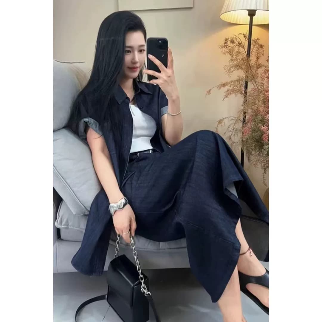 항구 바람 레트로 데님 세트 드레스 여성 의류 여름 새로운 고급 센스 반팔 셔츠 하이웨이스트 반신 스커트 투피스 세트 상세 이미지 2