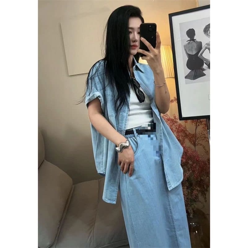 항구 바람 레트로 데님 세트 드레스 여성 의류 여름 새로운 고급 센스 반팔 셔츠 하이웨이스트 반신 스커트 투피스 세트 상세 이미지 3