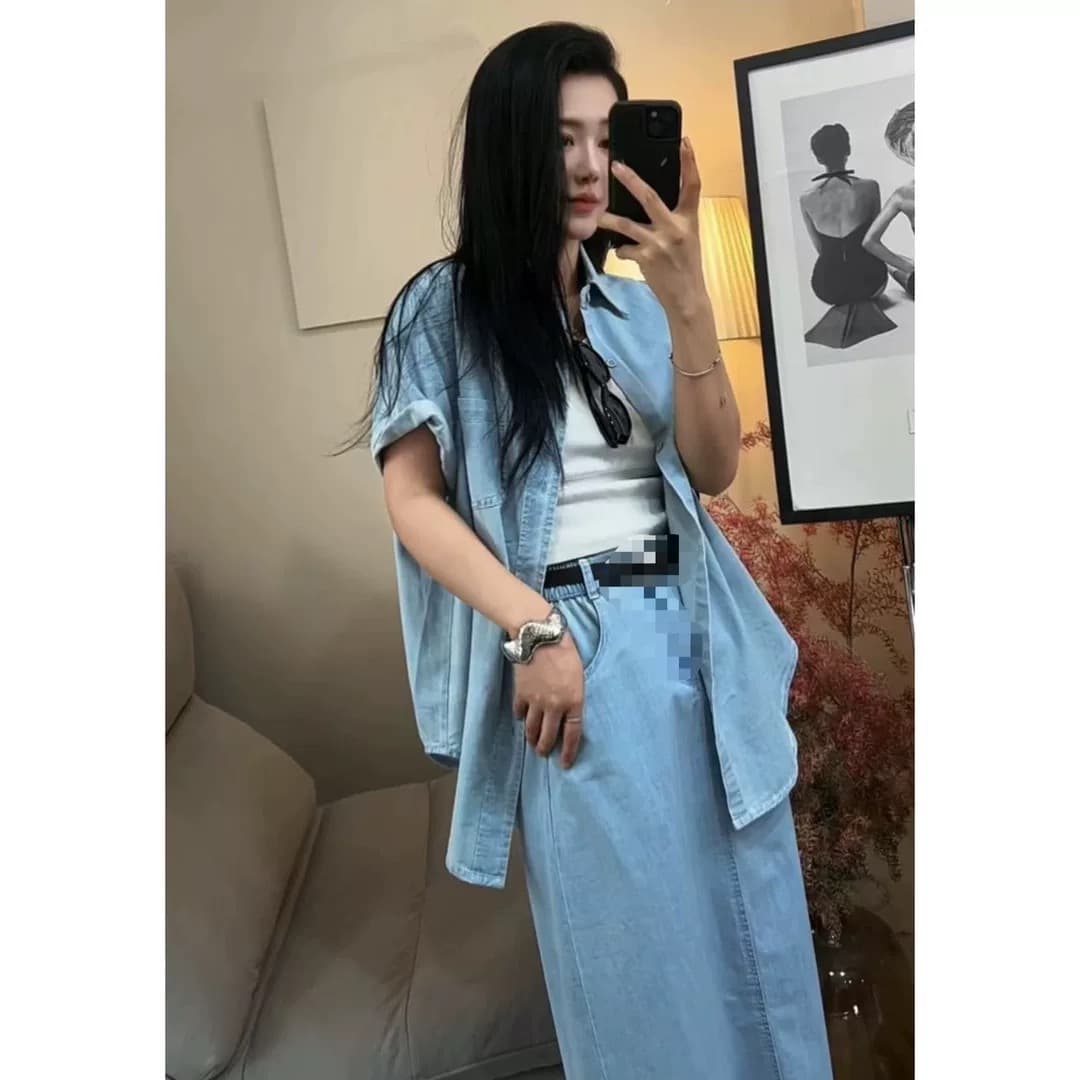 항구 바람 레트로 데님 세트 드레스 여성 의류 여름 새로운 고급 센스 반팔 셔츠 하이웨이스트 반신 스커트 투피스 세트 상세 이미지 4