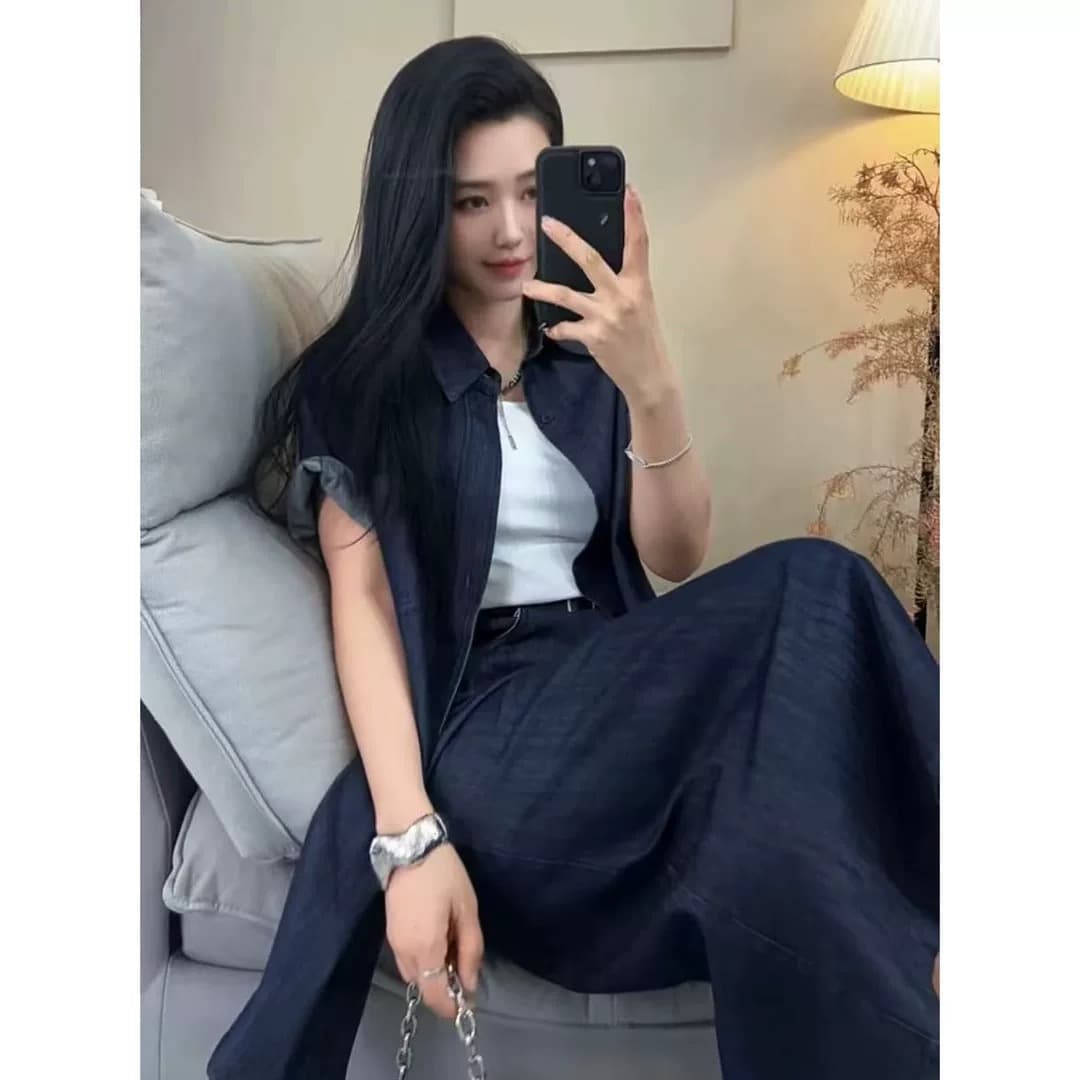 항구 바람 레트로 데님 세트 드레스 여성 의류 여름 새로운 고급 센스 반팔 셔츠 하이웨이스트 반신 스커트 투피스 세트 상세 이미지 5