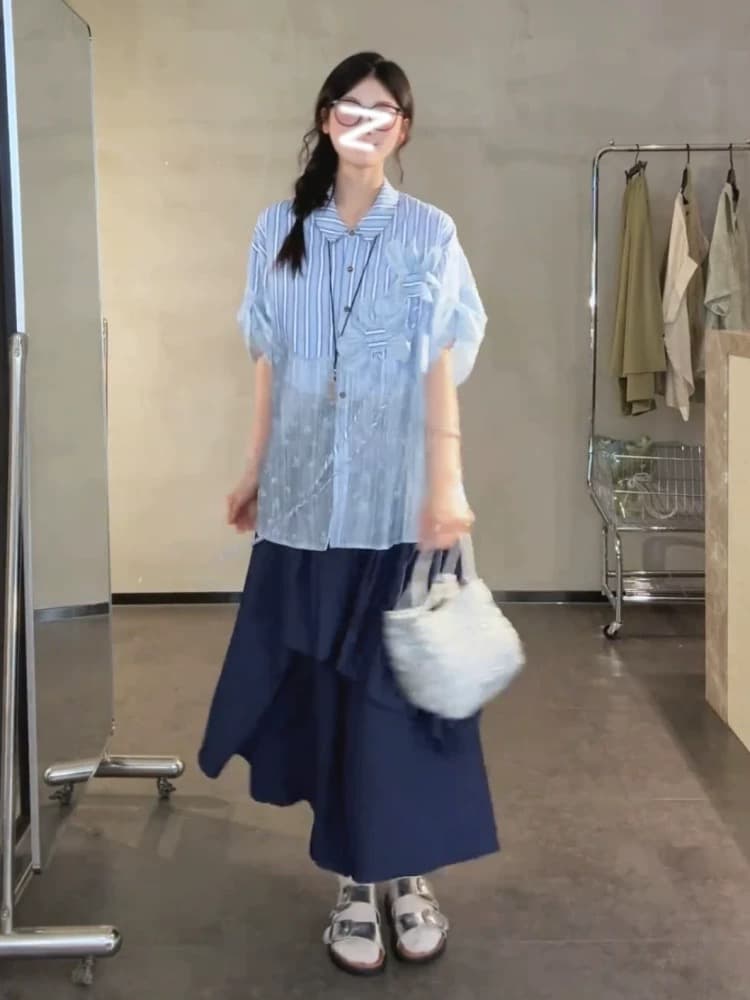 보라색 하나씩 디자인 센스 폴로 칼라 스트라이프 패치워크 망사 반팔 여성 셔츠 여름 한 부서 패션 루즈핏 슬림해 보이는 맨위 상세 이미지 1