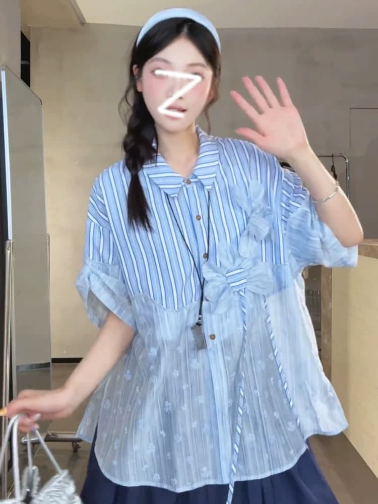 보라색 하나씩 디자인 센스 폴로 칼라 스트라이프 패치워크 망사 반팔 여성 셔츠 여름 한 부서 패션 루즈핏 슬림해 보이는 맨위 상세 이미지 2