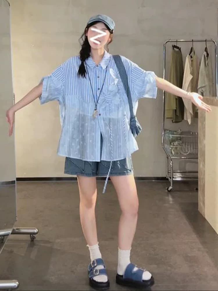 보라색 하나씩 디자인 센스 폴로 칼라 스트라이프 패치워크 망사 반팔 여성 셔츠 여름 한 부서 패션 루즈핏 슬림해 보이는 맨위 상세 이미지 3
