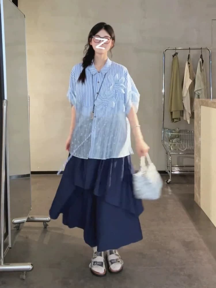 보라색 하나씩 디자인 센스 폴로 칼라 스트라이프 패치워크 망사 반팔 여성 셔츠 여름 한 부서 패션 루즈핏 슬림해 보이는 맨위 상세 이미지 5