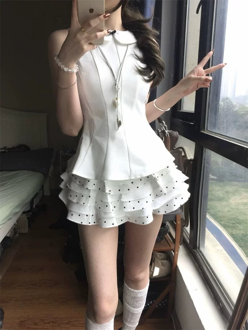 miu 부서 ootd 전체 집합 나비 매듭 민소매 맨위 도트 무늬 반 스커트 여성 여름 고유 한 아름다운 착용 가져 가라. 세트 상세 이미지 2