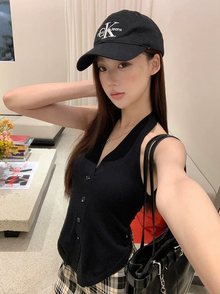 레드 맨 파빌리온 캐미솔 2026 새로운 여름 외출용 아름다움 뒤로 검정색 레이스 쇼트 스타일 민소매 행침 목 맨위 여성 상세 이미지 3