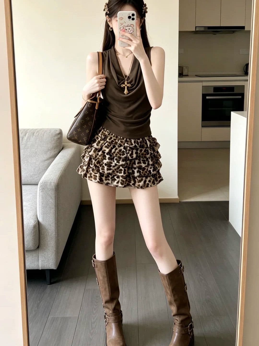 프랑스식 품격 단색 흔들다 칼라 민소매 맨위 여름 새로운 레오파드 무늬 프린트 케이크 퍼프 반신 스커트 투피스 세트 상세 이미지 1