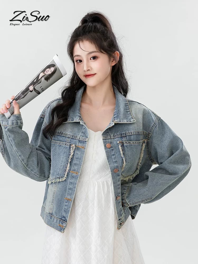 2026 봄 새로운 레트로 데님 여성 코트 봄 가을 한국 스타일 거친 가장자리 쇼트 스타일 재킷 캐주얼 학생 맨위 트렌디 상세 이미지 2