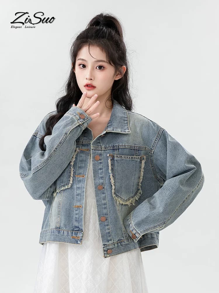 2026 봄 새로운 레트로 데님 여성 코트 봄 가을 한국 스타일 거친 가장자리 쇼트 스타일 재킷 캐주얼 학생 맨위 트렌디 상세 이미지 3