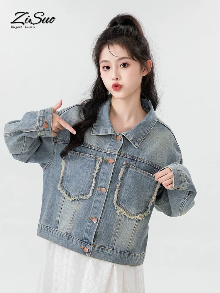 2026 봄 새로운 레트로 데님 여성 코트 봄 가을 한국 스타일 거친 가장자리 쇼트 스타일 재킷 캐주얼 학생 맨위 트렌디 상세 이미지 4
