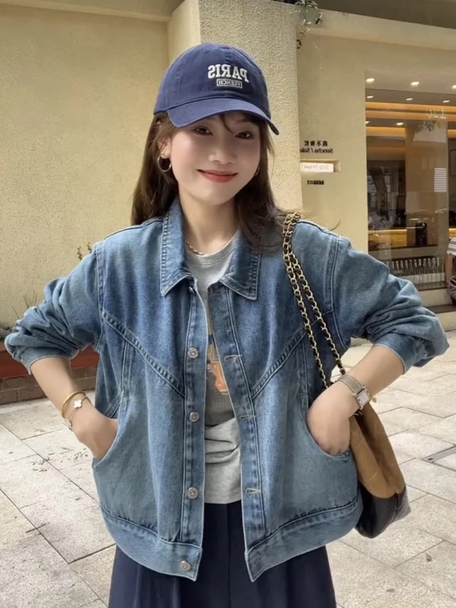 萱 제나라 xuanqi 떨어지지 않음 색상 봄 워싱 블루 폴로 칼라 데님 여성 코트 새로운 느긋한 착용 가져 가라. 재킷 맨위 상세 이미지 1