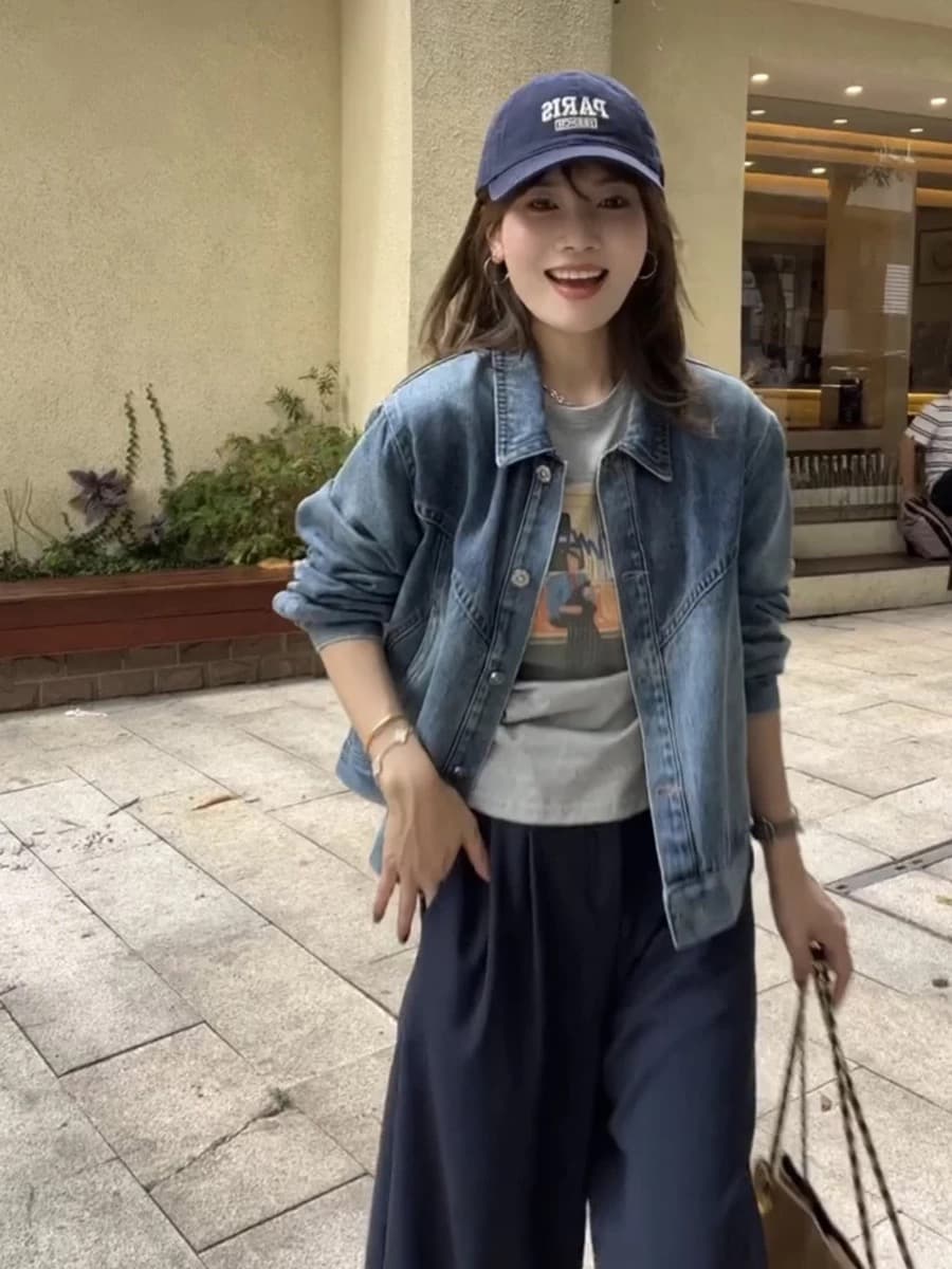 萱 제나라 xuanqi 떨어지지 않음 색상 봄 워싱 블루 폴로 칼라 데님 여성 코트 새로운 느긋한 착용 가져 가라. 재킷 맨위 상세 이미지 5