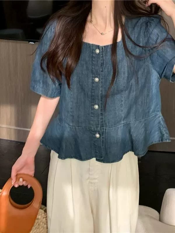 프랑스식 작은 대중 광장 칼라 거품 소매 데님 여성 셔츠 여름 2026 새로운 Chic 고급 센스 쇼트 스타일 맨위 트렌디 이미지 3