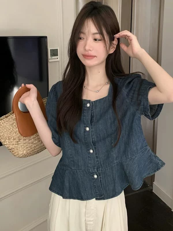 프랑스식 작은 대중 광장 칼라 거품 소매 데님 여성 셔츠 여름 2026 새로운 Chic 고급 센스 쇼트 스타일 맨위 트렌디 이미지 2