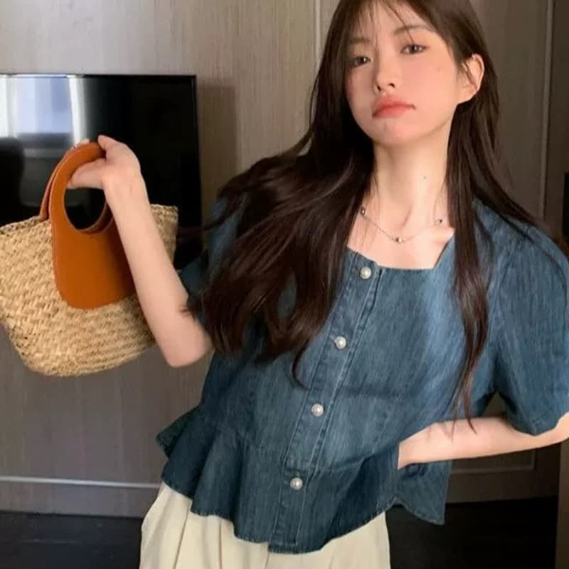 프랑스식 작은 대중 광장 칼라 거품 소매 데님 여성 셔츠 여름 2026 새로운 Chic 고급 센스 쇼트 스타일 맨위 트렌디 이미지 5