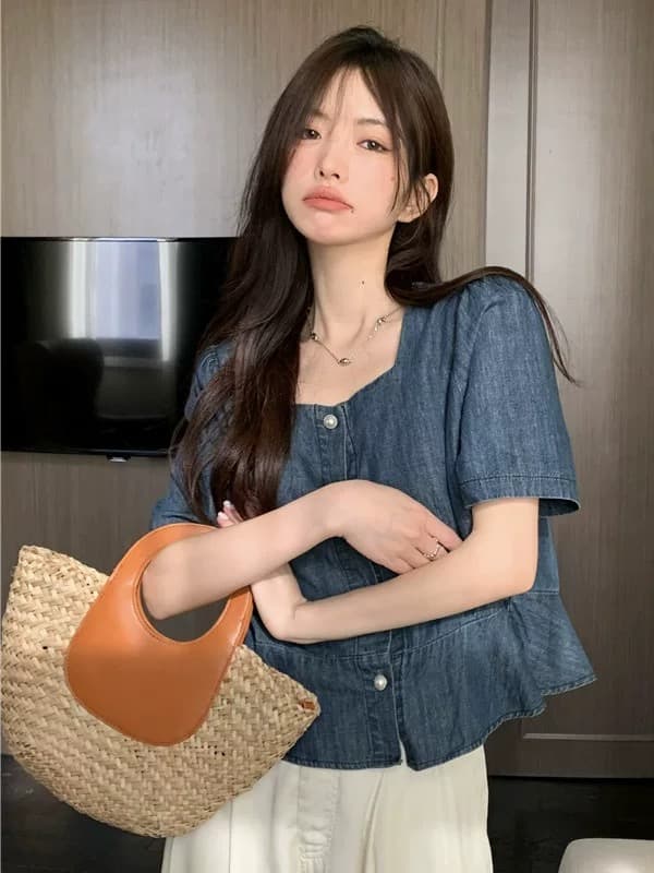 프랑스식 작은 대중 광장 칼라 거품 소매 데님 여성 셔츠 여름 2026 새로운 Chic 고급 센스 쇼트 스타일 맨위 트렌디 상세 이미지 3