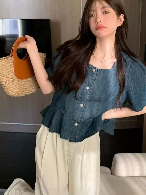 프랑스식 작은 대중 광장 칼라 거품 소매 데님 여성 셔츠 여름 2026 새로운 Chic 고급 센스 쇼트 스타일 맨위 트렌디 상세 이미지 4