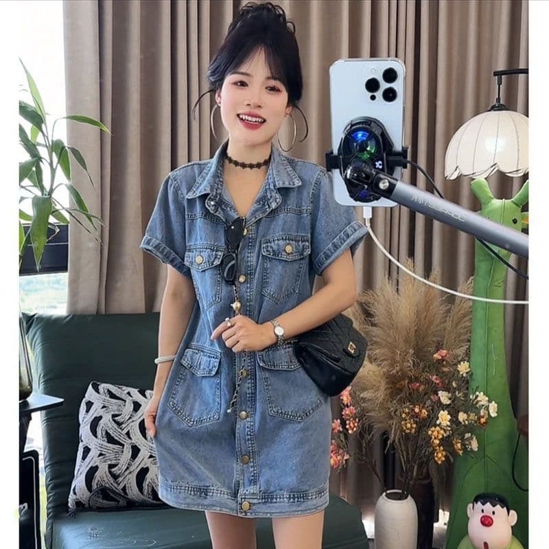 레트로 항구 바람 캐주얼 품격 데님 여성 드레스 여름 새로운 한국 스타일 루즈핏 슬림해 보이는 데님 스커트 짧은 치마 상세 이미지 1
