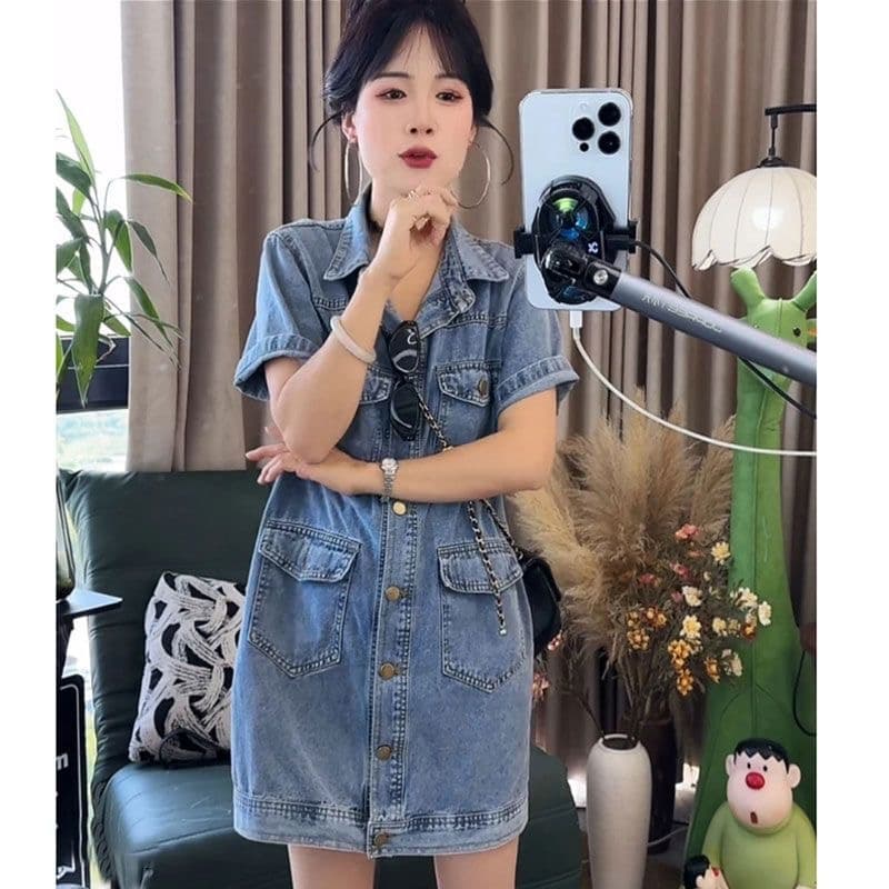 레트로 항구 바람 캐주얼 품격 데님 여성 드레스 여름 새로운 한국 스타일 루즈핏 슬림해 보이는 데님 스커트 짧은 치마 상세 이미지 3