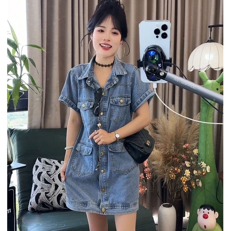 레트로 항구 바람 캐주얼 품격 데님 여성 드레스 여름 새로운 한국 스타일 루즈핏 슬림해 보이는 데님 스커트 짧은 치마 상세 이미지 4