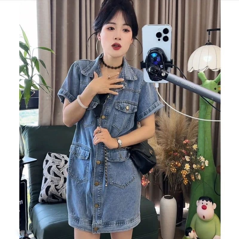 레트로 항구 바람 캐주얼 품격 데님 여성 드레스 여름 새로운 한국 스타일 루즈핏 슬림해 보이는 데님 스커트 짧은 치마 상세 이미지 5