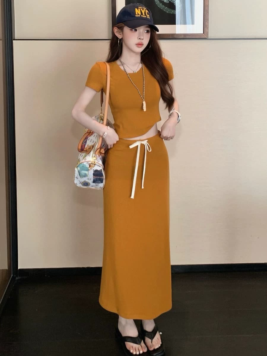 자이언트 잘 생긴 ~ 중 여름 드레스 세트 한 부서 작은 키 순수한 욕망 바람 핫걸 패션 반팔 티셔츠 반신 스커트 투피스 세트 상세 이미지 3