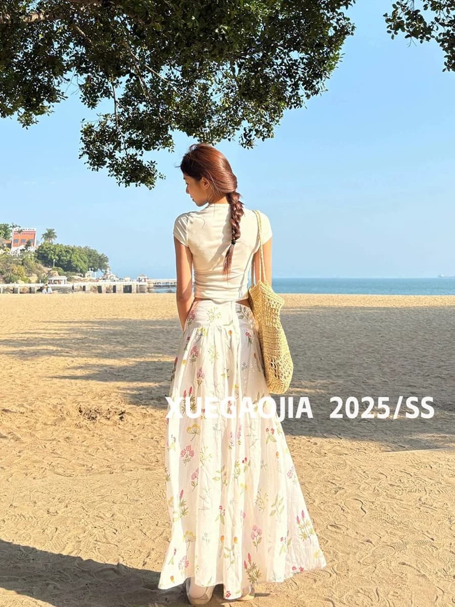 creambaby studio 소문 꽃 편지 분위기 센스 화이트 꽃무늬 반신 스커트 여성 여름 2026 새로운 상세 이미지 5