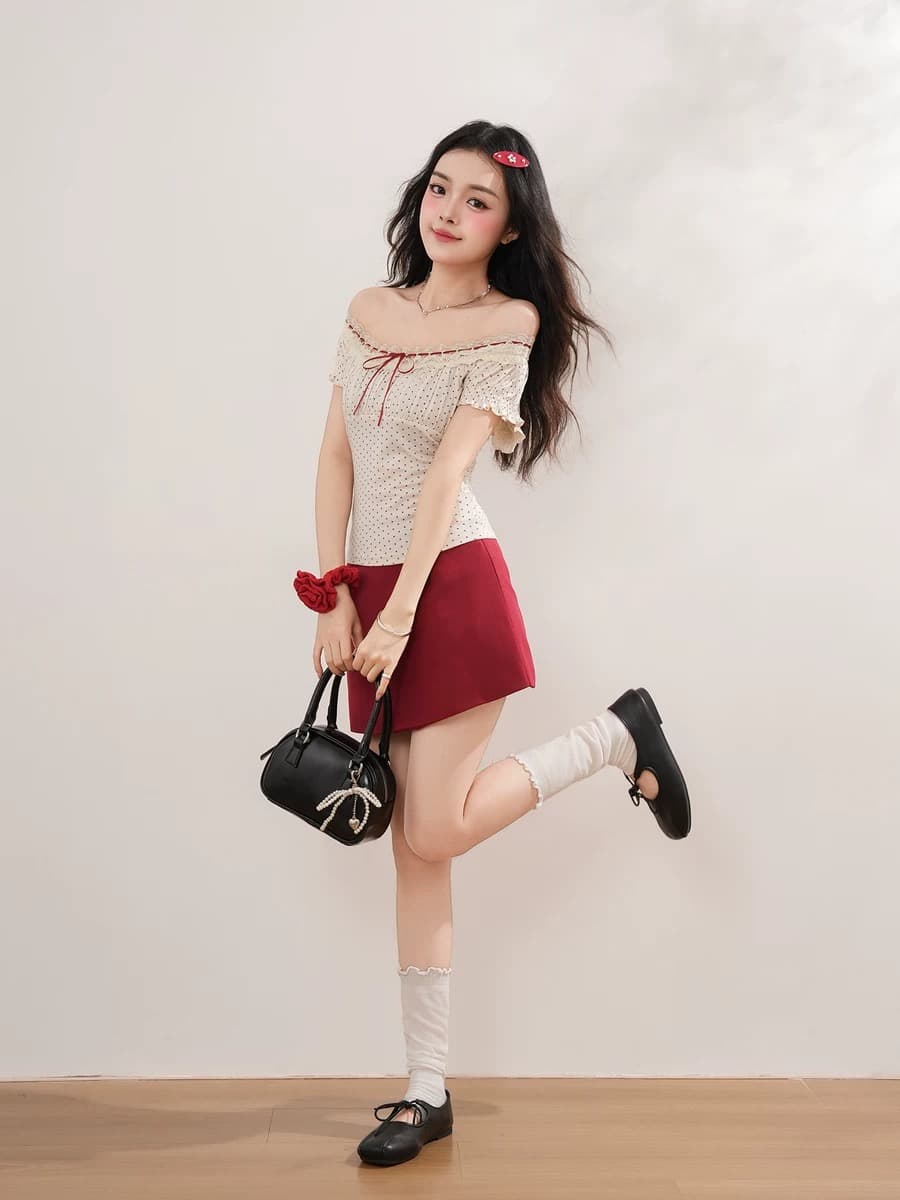 2026 여름 새로운 한 부서 달콤함 도트 무늬 거품 소매 몸매 가꾸기 맨위 빨간색 반신 스커트 순수한 욕망 투피스 세트 이미지 3