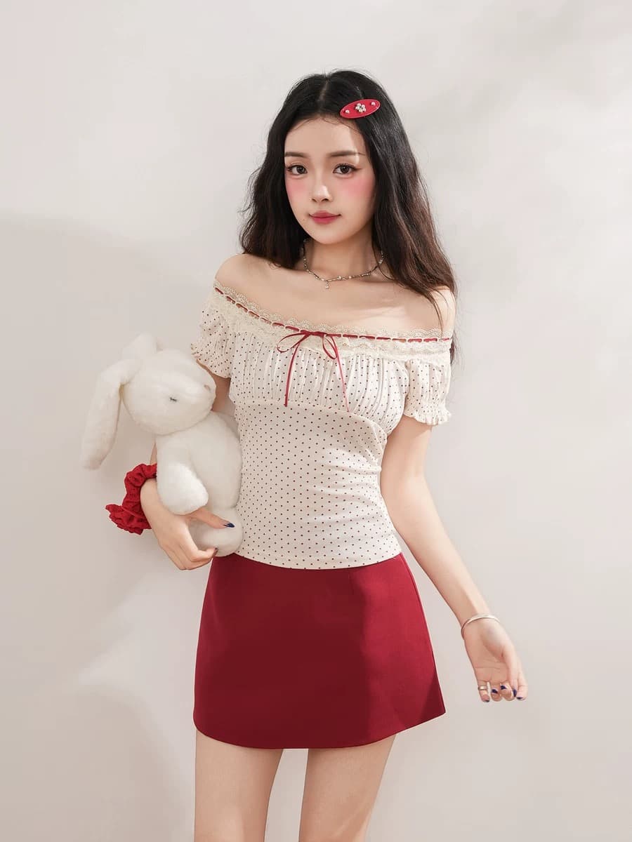 2026 여름 새로운 한 부서 달콤함 도트 무늬 거품 소매 몸매 가꾸기 맨위 빨간색 반신 스커트 순수한 욕망 투피스 세트 상세 이미지 1