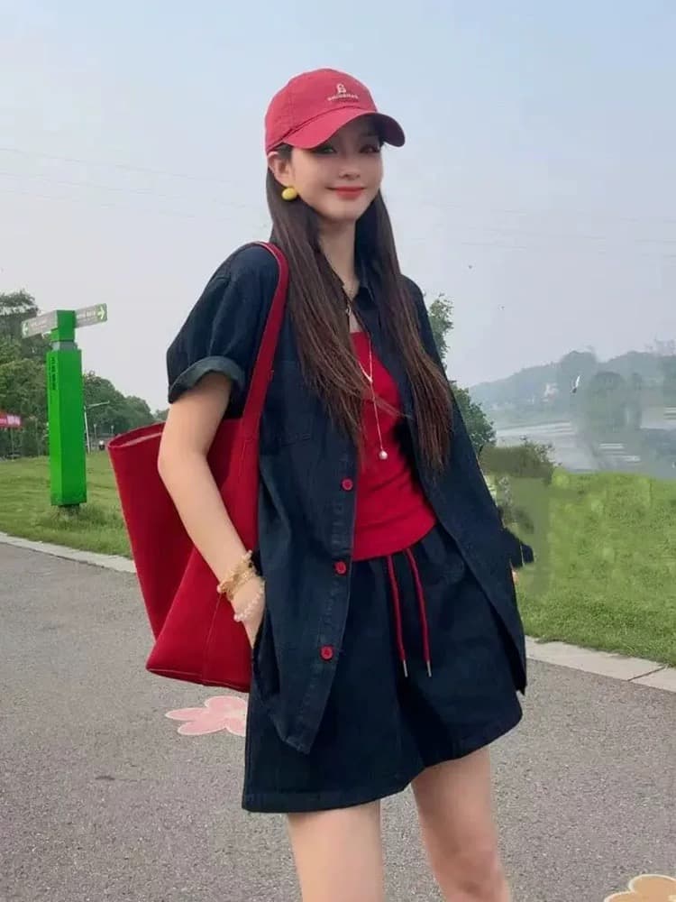 패션 레트로 데님 셔츠 반바지 세트 여성 2026 여름 새로운 작은 키 캐주얼 투피스 슈트 상세 이미지 1
