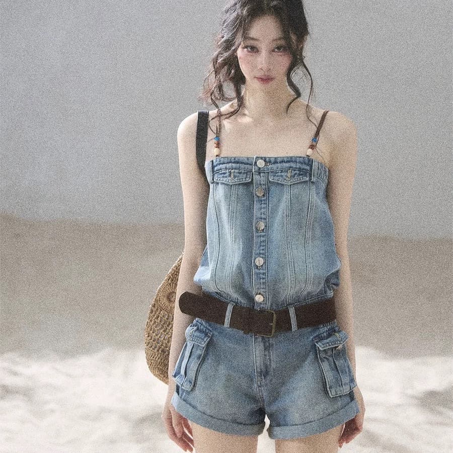 aomalm 덜 또한 눈 이동 해변가 걷기 아메리칸 데님 점프 슈트 여름 원피스 반바지 워크웨어 점프 슈트 바지 이미지 5