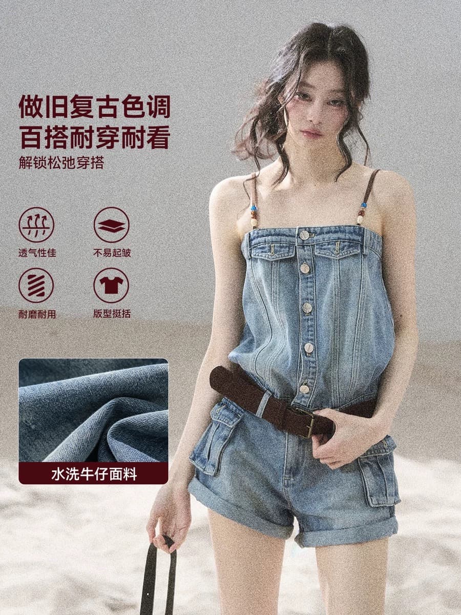 aomalm 덜 또한 눈 이동 해변가 걷기 아메리칸 데님 점프 슈트 여름 원피스 반바지 워크웨어 점프 슈트 바지 상세 이미지 1
