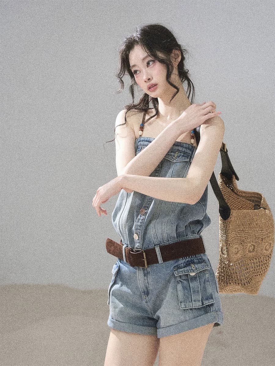 aomalm 덜 또한 눈 이동 해변가 걷기 아메리칸 데님 점프 슈트 여름 원피스 반바지 워크웨어 점프 슈트 바지 상세 이미지 2