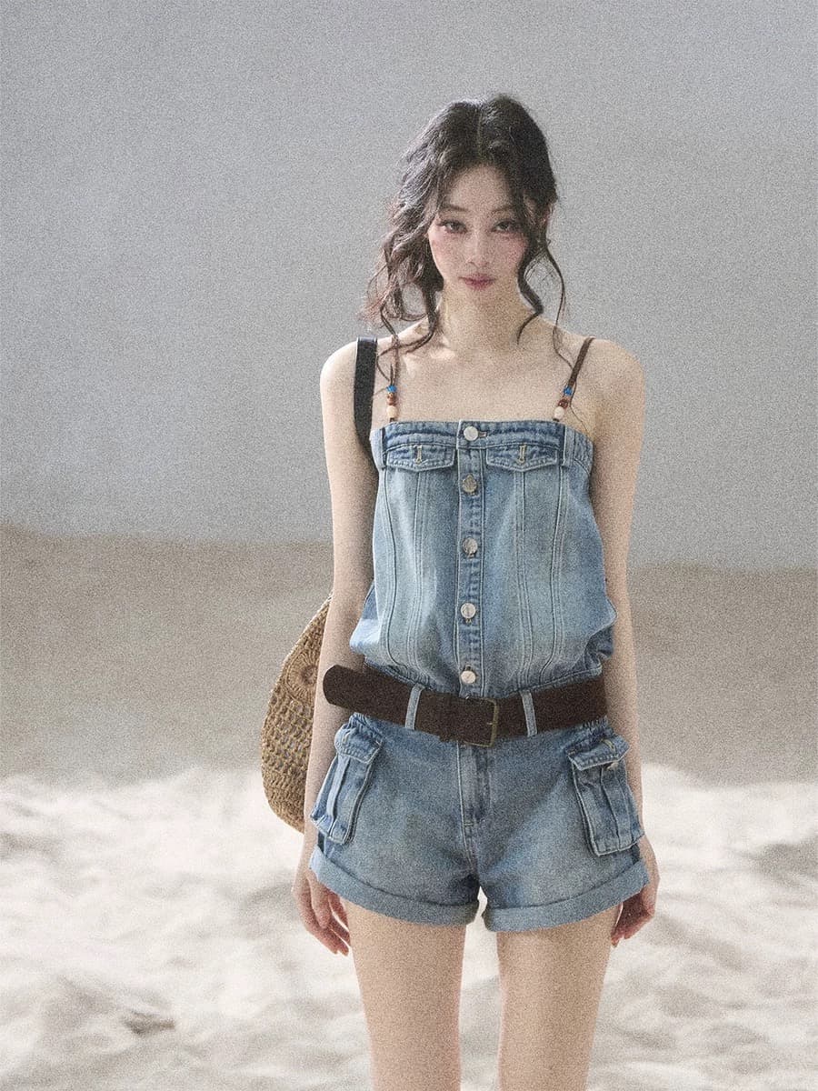 aomalm 덜 또한 눈 이동 해변가 걷기 아메리칸 데님 점프 슈트 여름 원피스 반바지 워크웨어 점프 슈트 바지 상세 이미지 4