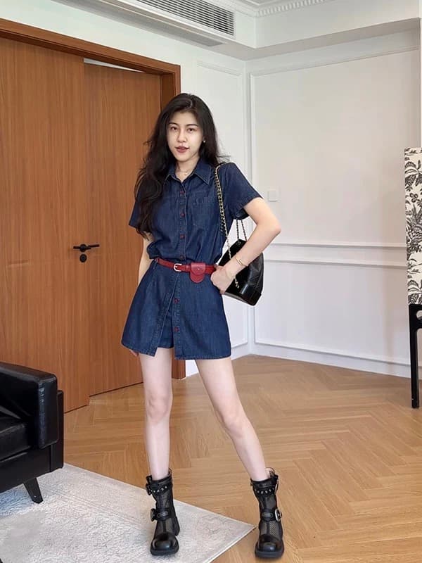 장 A 스타 영화 기억 라이 경기 서울 항구 바람 레트로 데님 셔츠 하이웨이스트 치마바지 투피스 슈트 여성 이미지 4