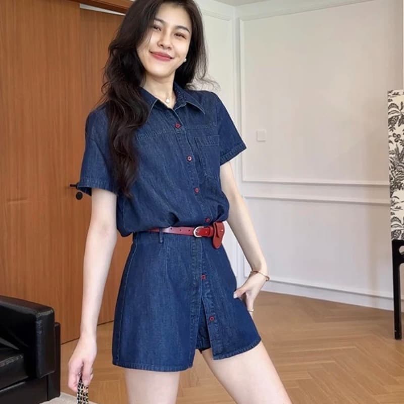 장 A 스타 영화 기억 라이 경기 서울 항구 바람 레트로 데님 셔츠 하이웨이스트 치마바지 투피스 슈트 여성 이미지 5