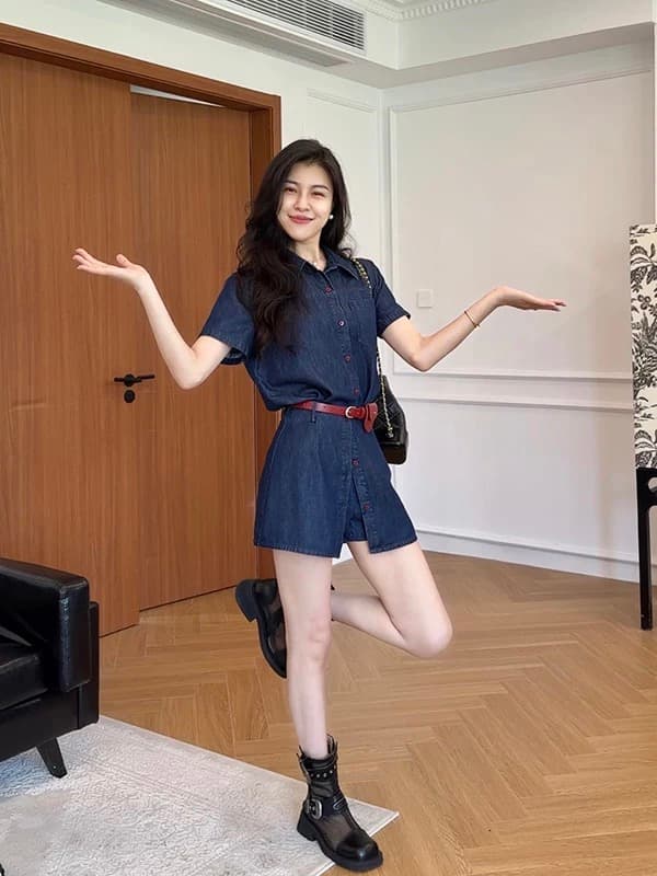 장 A 스타 영화 기억 라이 경기 서울 항구 바람 레트로 데님 셔츠 하이웨이스트 치마바지 투피스 슈트 여성 상세 이미지 1