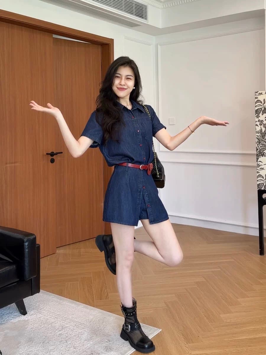 장 A 스타 영화 기억 라이 경기 서울 항구 바람 레트로 데님 셔츠 하이웨이스트 치마바지 투피스 슈트 여성 상세 이미지 3