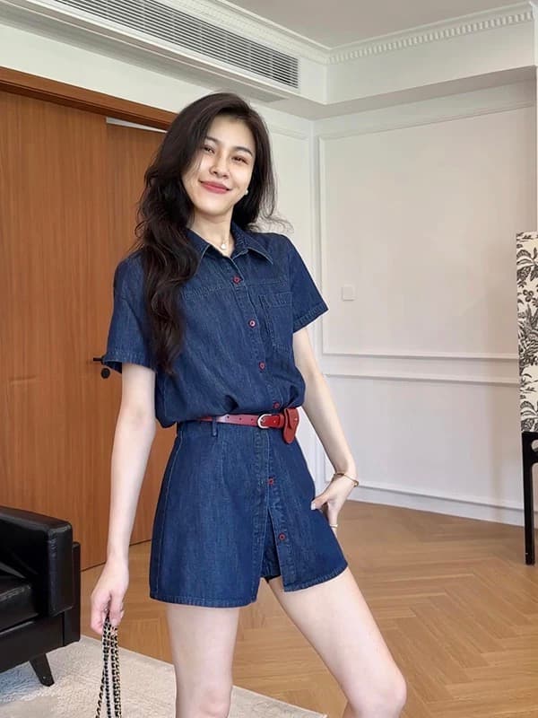 장 A 스타 영화 기억 라이 경기 서울 항구 바람 레트로 데님 셔츠 하이웨이스트 치마바지 투피스 슈트 여성 상세 이미지 5