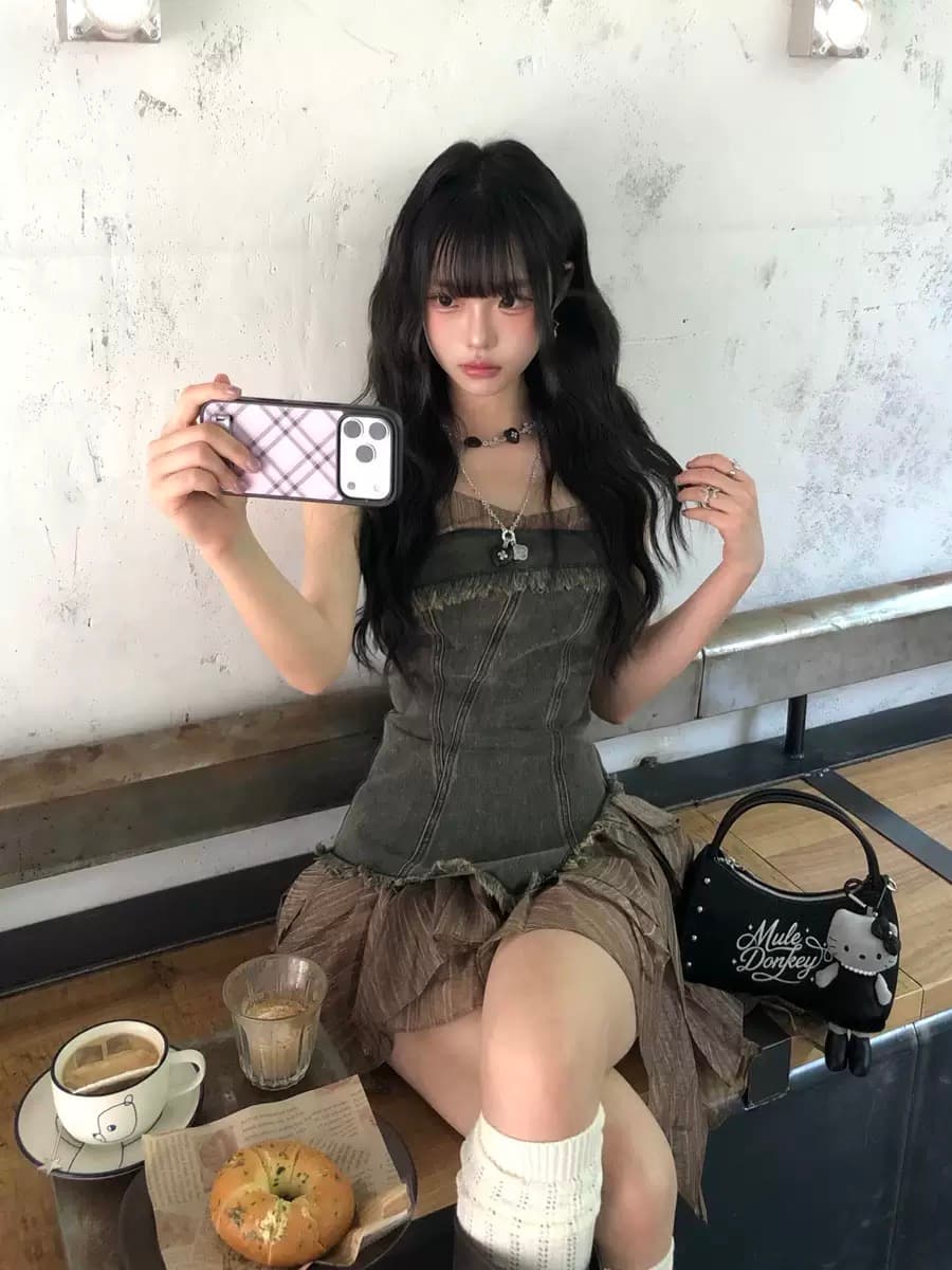 레트로 달콤한 차가운 바람 핫걸 데님 패치워크 슬립 여성 드레스 여름 디자인 센스 불규칙 치마 투피스 세트 상세 이미지 2