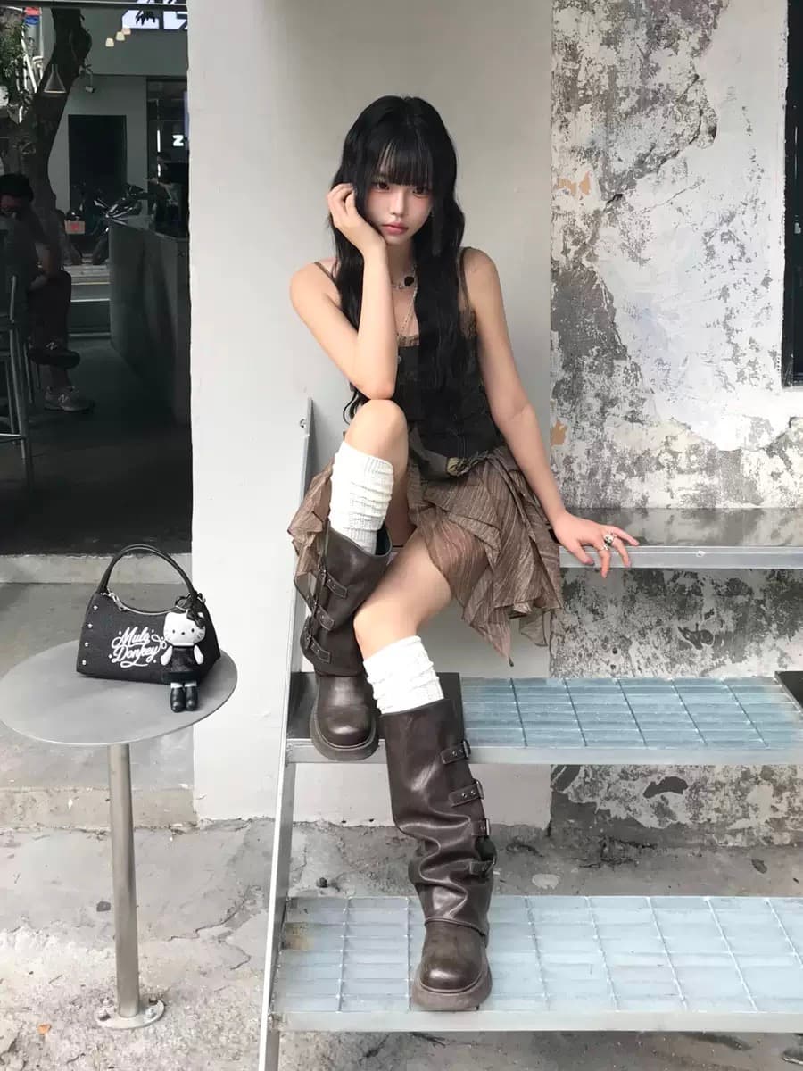 레트로 달콤한 차가운 바람 핫걸 데님 패치워크 슬립 여성 드레스 여름 디자인 센스 불규칙 치마 투피스 세트 상세 이미지 4